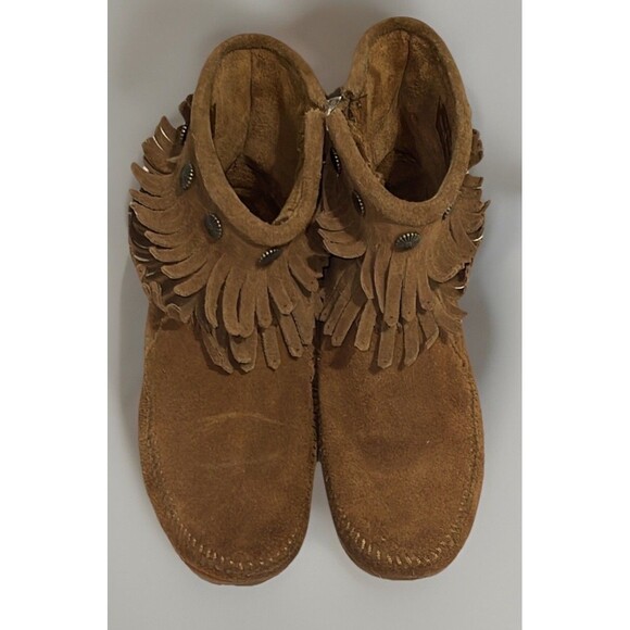 MINNETONKA Fringe Moccasins Boho Festival Brown Suede Boots Woman’s Size 7.5 US - Picture 1 of 13